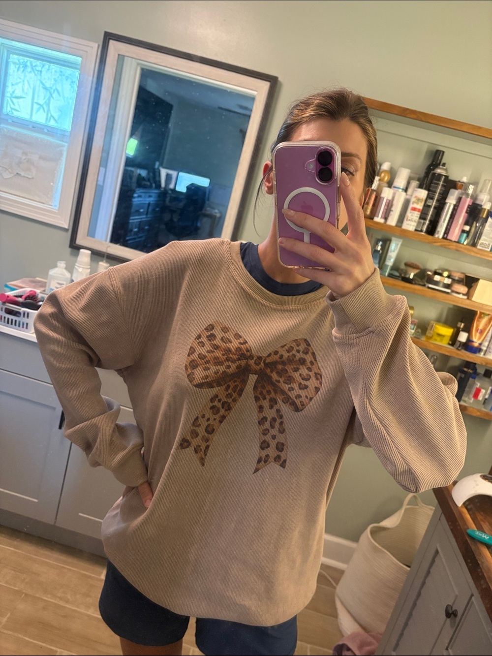 Women’s Crewneck Sweater with Leopard Bow Graphic - Tan - Picture 2 of 5